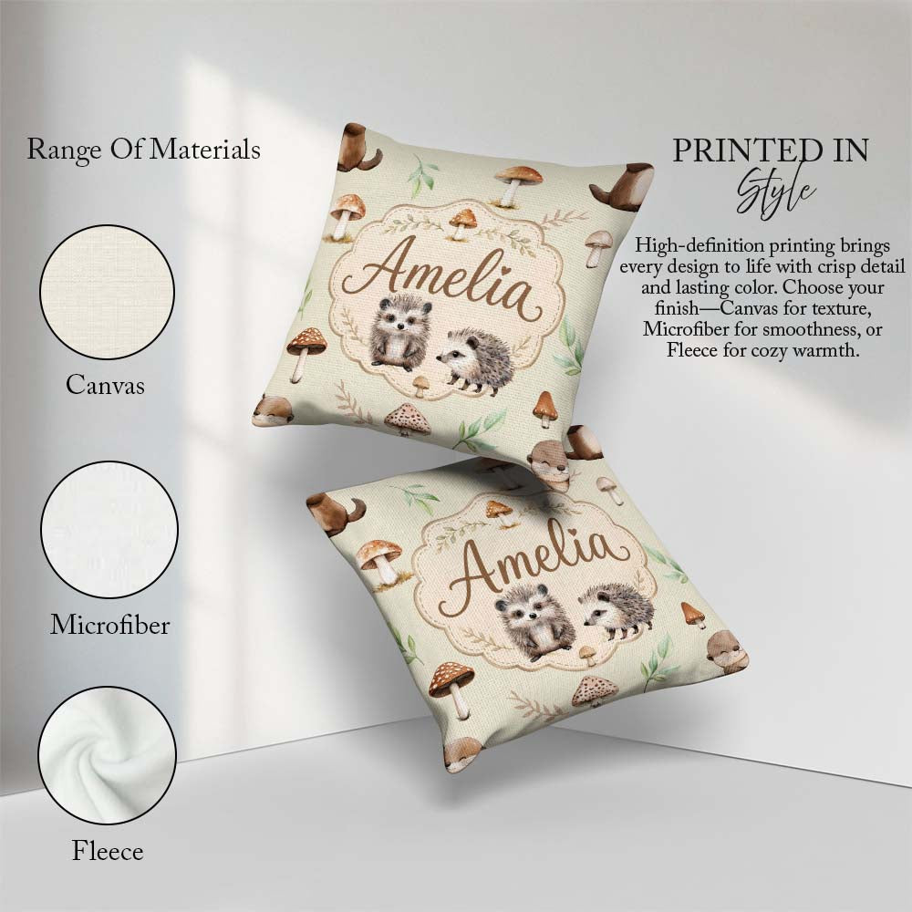 Custom Name Woodland Hedgehogs with Mushrooms Leaves Soft Beige Square Filled Cushion Throw Pillow Sofa Bed Home Decor Zip Washable UK Made