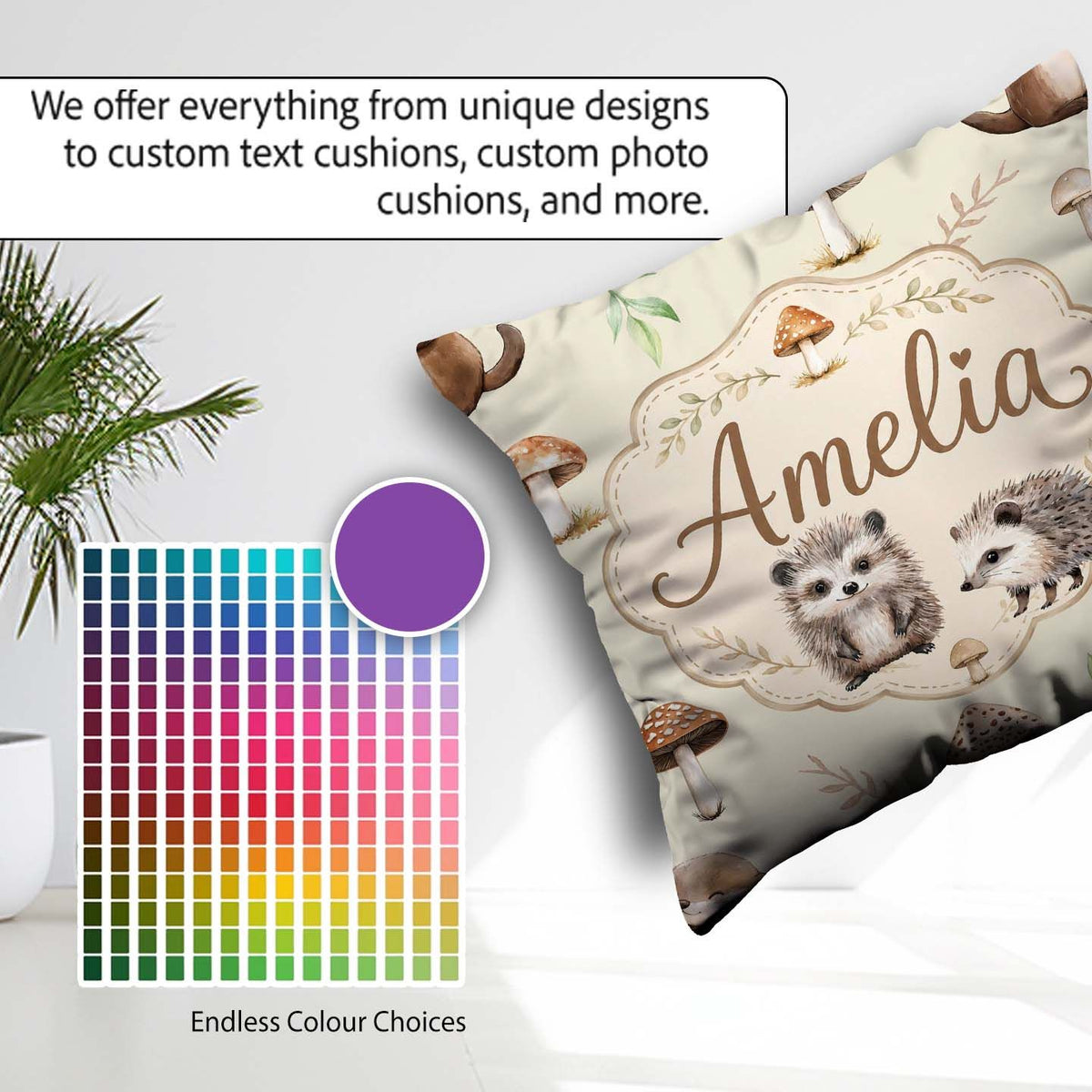 Custom Name Woodland Hedgehogs with Mushrooms Leaves Soft Beige Square Filled Cushion Throw Pillow Sofa Bed Home Decor Zip Washable UK Made