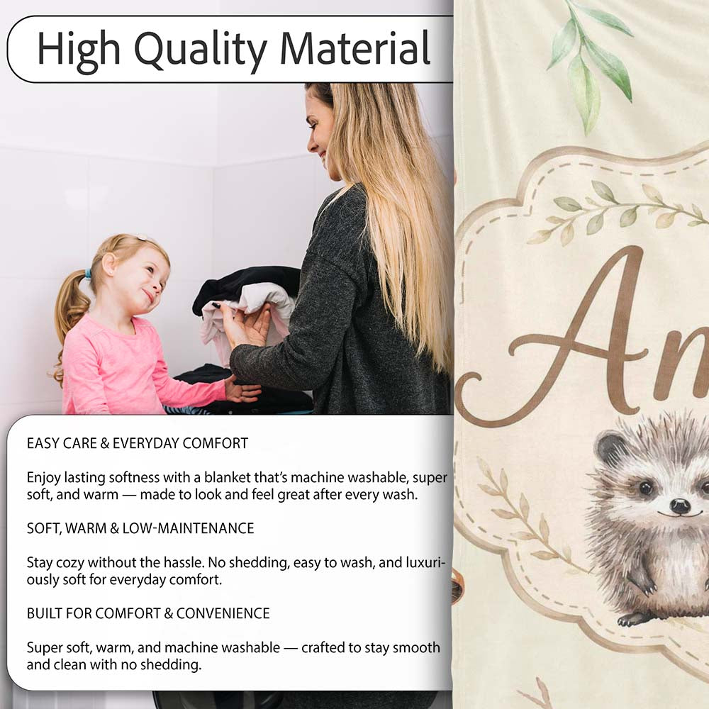 Woodland Hedgehogs with Mushrooms Leaves Soft Beige Seamless  Personalised Custom Name Super Soft Fleece Blanket Bed Sofa Throw