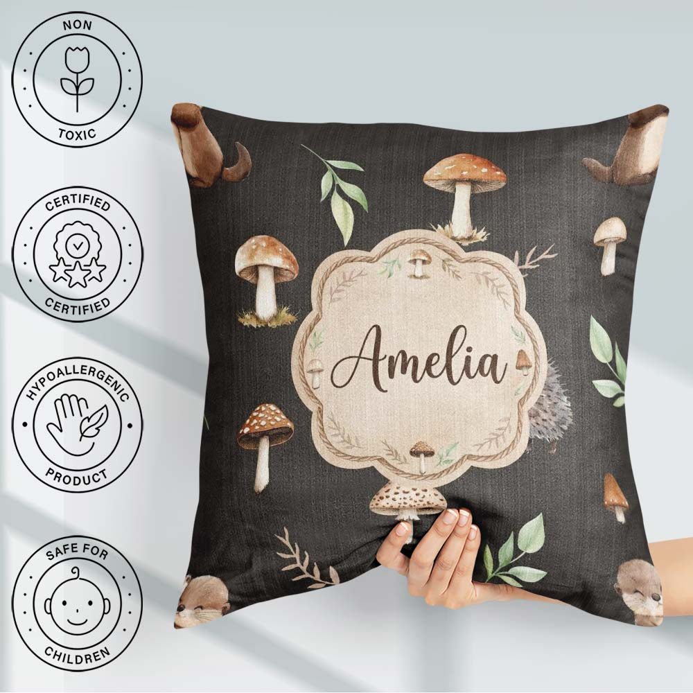 Custom Name Woodland Hedgehogs with Mushrooms Leaves Dark Brown Square Filled Cushion Throw Pillow Sofa Bed Home Decor Zip Washable UK Made