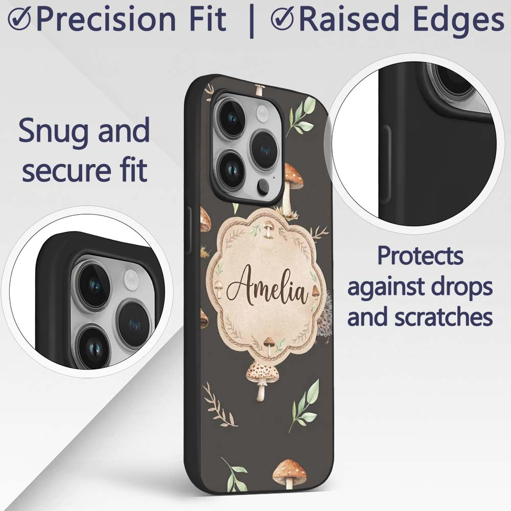 Woodland Hedgehogs with Mushrooms Leaves Dark Custom Name Protective Phone Case Mobile Cover Durable Everyday Smartphone Shock Resistant