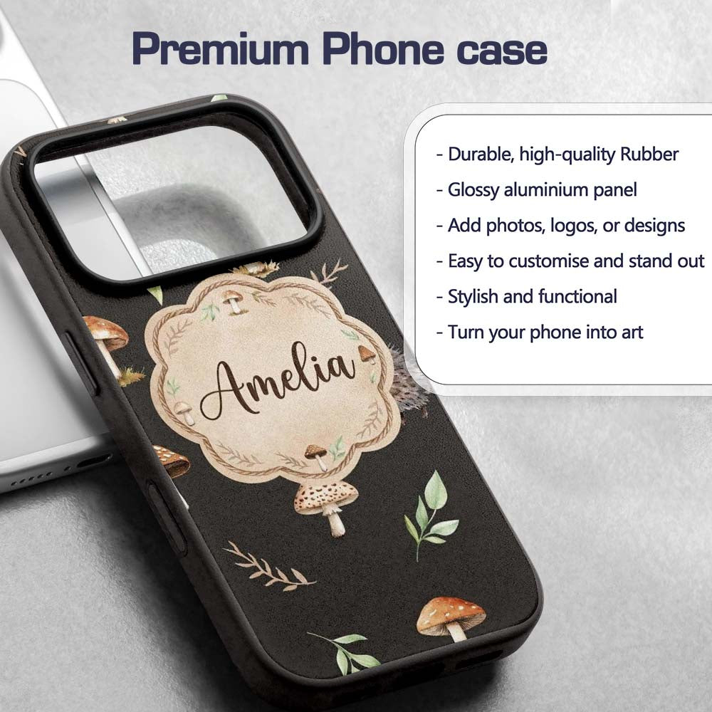 Woodland Hedgehogs with Mushrooms Leaves Dark Custom Name Protective Phone Case Mobile Cover Durable Everyday Smartphone Shock Resistant