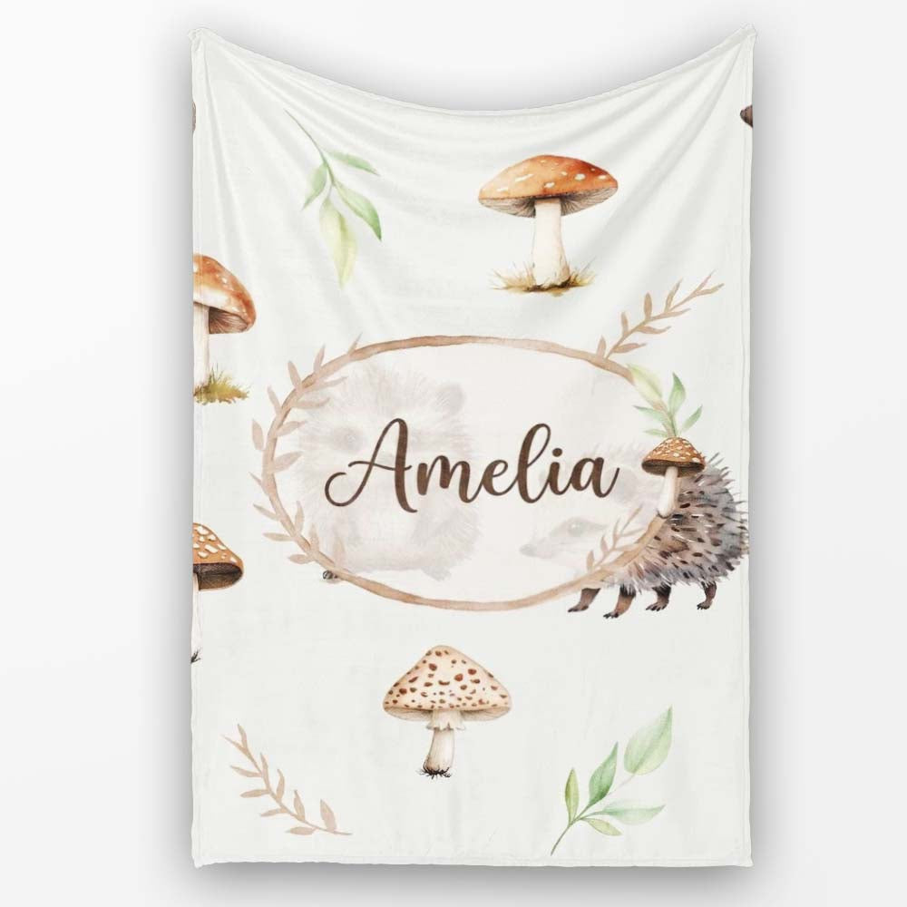 Woodland Hedgehogs with Mushrooms Leaves Light Grey Seamless  Personalised Custom Name Super Soft Fleece Blanket Bed Sofa Throw