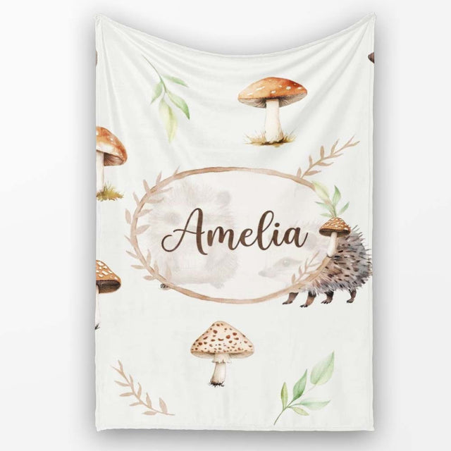 Woodland Hedgehogs with Mushrooms Leaves Light Grey Seamless  Personalised Custom Name Super Soft Fleece Blanket Bed Sofa Throw