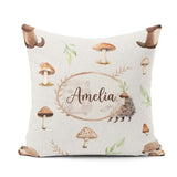 Custom Name Woodland Hedgehogs with Mushrooms Leaves Light Grey Square Filled Cushion Throw Pillow Sofa Bed Home Decor Zip Washable UK Made