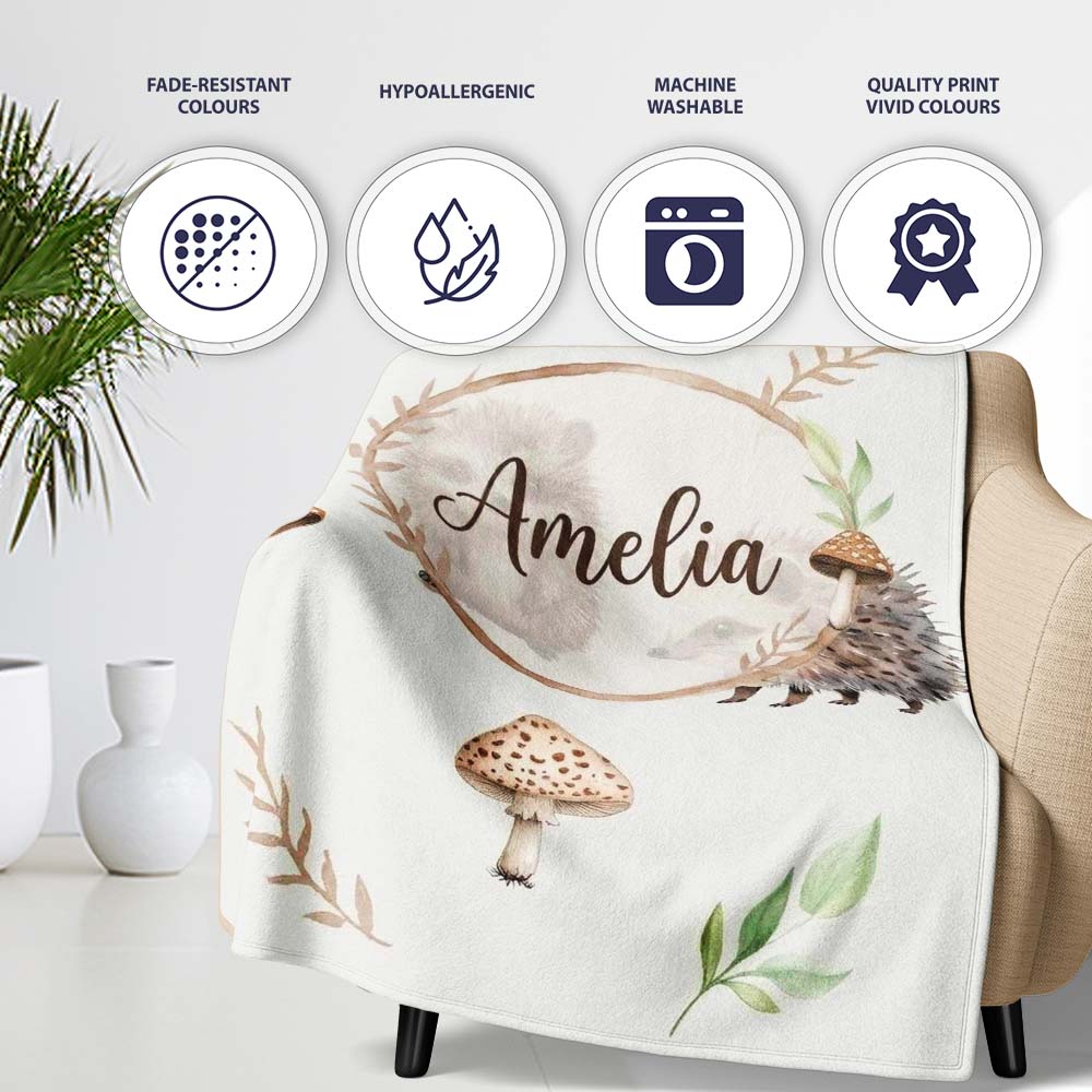 Woodland Hedgehogs with Mushrooms Leaves Light Grey Seamless  Personalised Custom Name Super Soft Fleece Blanket Bed Sofa Throw