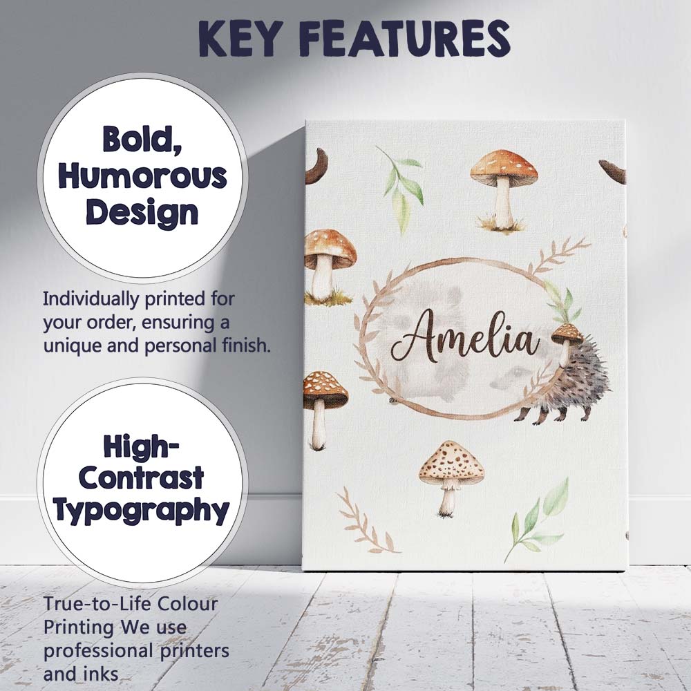 Personalised Name Woodland Hedgehogs with Custom  Unique Gift Idea Elegant Feature Canvas Wall Art Print Decor Picture Ready to Hang