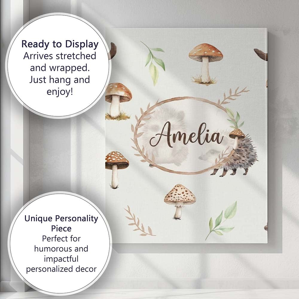 Personalised Name Woodland Hedgehogs with Custom  Unique Gift Idea Elegant Feature Canvas Wall Art Print Decor Picture Ready to Hang