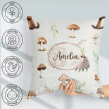 Custom Name Woodland Hedgehogs with Mushrooms Leaves Light Grey Square Filled Cushion Throw Pillow Sofa Bed Home Decor Zip Washable UK Made