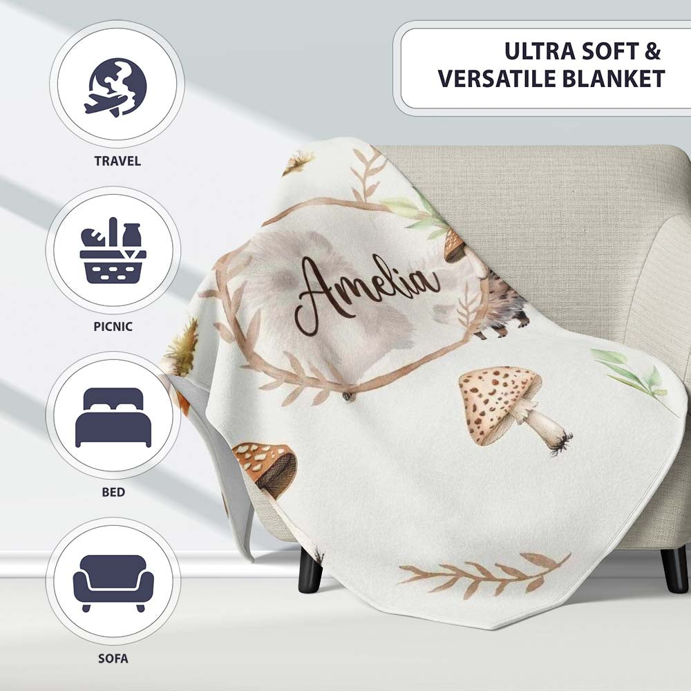 Woodland Hedgehogs with Mushrooms Leaves Light Grey Seamless  Personalised Custom Name Super Soft Fleece Blanket Bed Sofa Throw