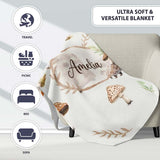 Woodland Hedgehogs with Mushrooms Leaves Light Grey Seamless  Personalised Custom Name Super Soft Fleece Blanket Bed Sofa Throw