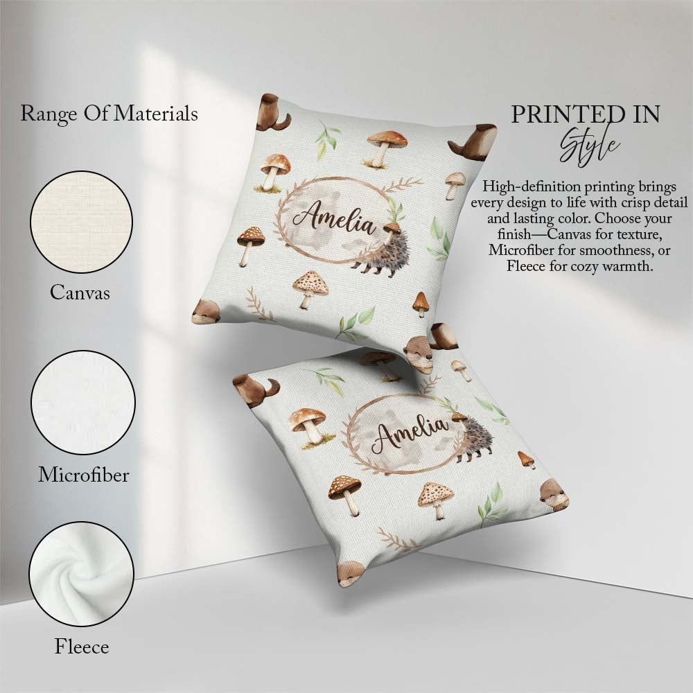 Custom Name Woodland Hedgehogs with Mushrooms Leaves Light Grey Square Filled Cushion Throw Pillow Sofa Bed Home Decor Zip Washable UK Made