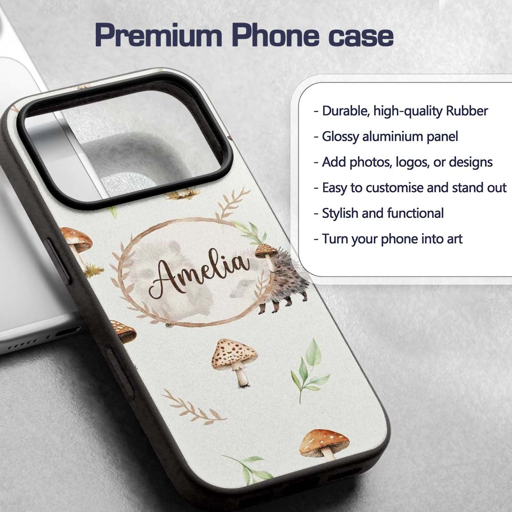Woodland Hedgehogs with Mushrooms Leaves Light Custom Name Protective Phone Case Mobile Cover Durable Everyday Smartphone Shock Resistant