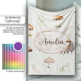 Woodland Hedgehogs with Mushrooms Leaves Light Grey Seamless  Personalised Custom Name Super Soft Fleece Blanket Bed Sofa Throw