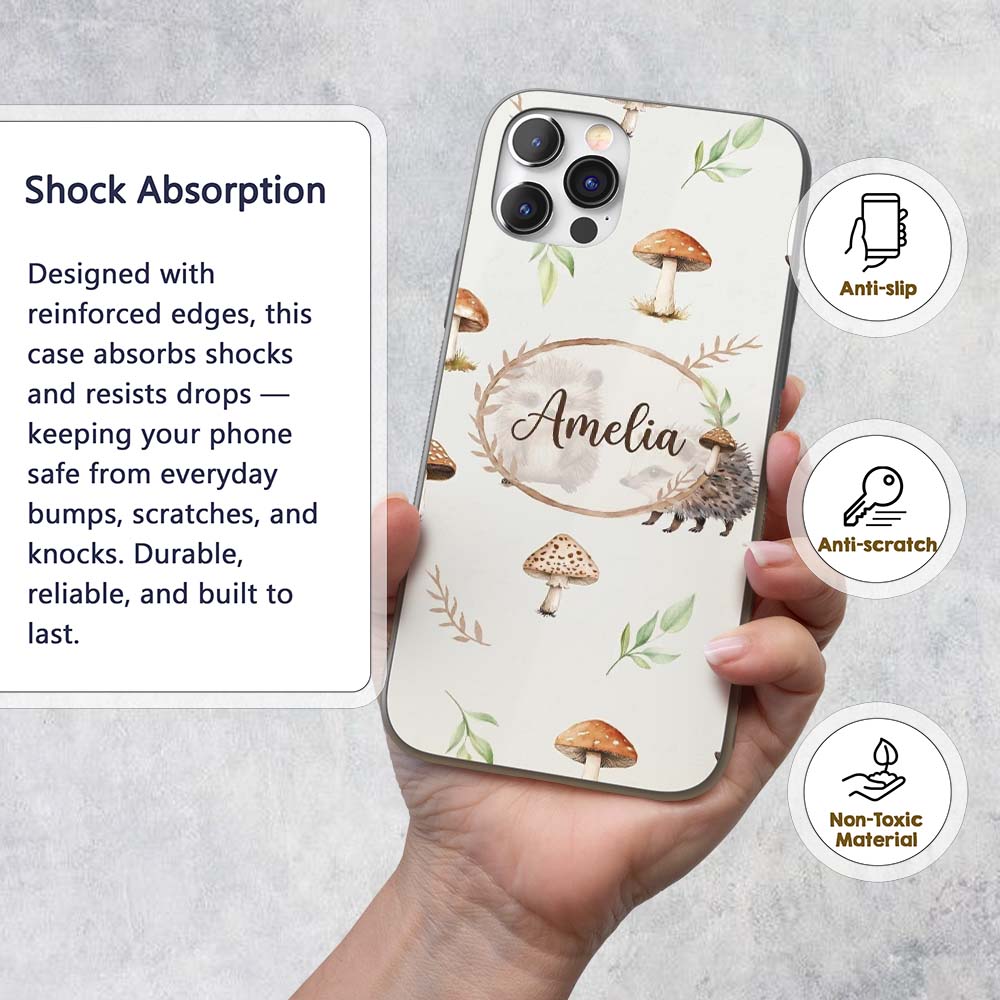 Woodland Hedgehogs with Mushrooms Leaves Light Custom Name Protective Phone Case Mobile Cover Durable Everyday Smartphone Shock Resistant