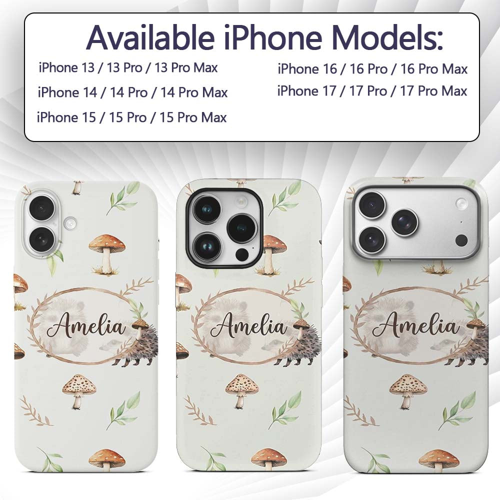 Woodland Hedgehogs with Mushrooms Leaves Light Custom Name Protective Phone Case Mobile Cover Durable Everyday Smartphone Shock Resistant