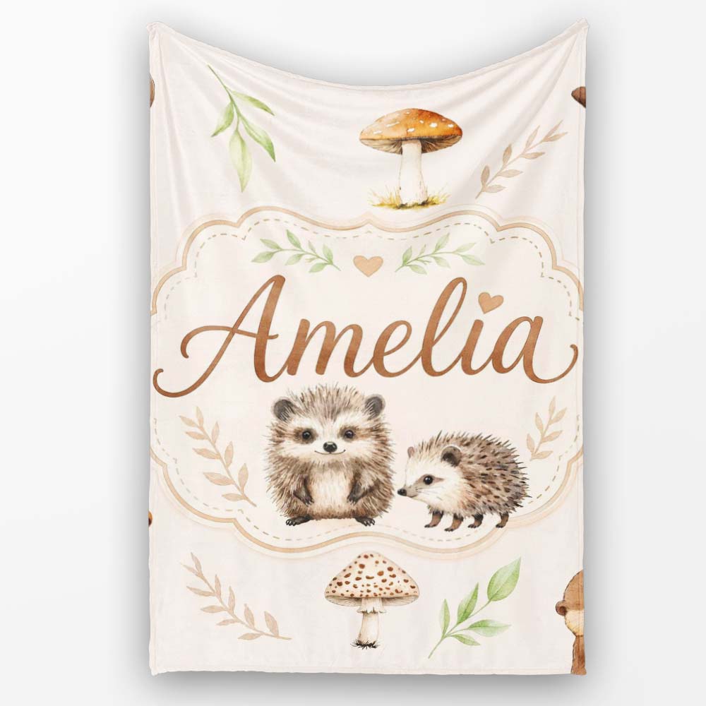 Woodland Hedgehogs with Mushrooms Leaves Warm Neutral Seamless  Personalised Custom Name Super Soft Fleece Blanket Bed Sofa Throw