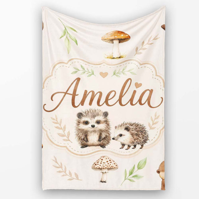 Woodland Hedgehogs with Mushrooms Leaves Warm Neutral Seamless  Personalised Custom Name Super Soft Fleece Blanket Bed Sofa Throw