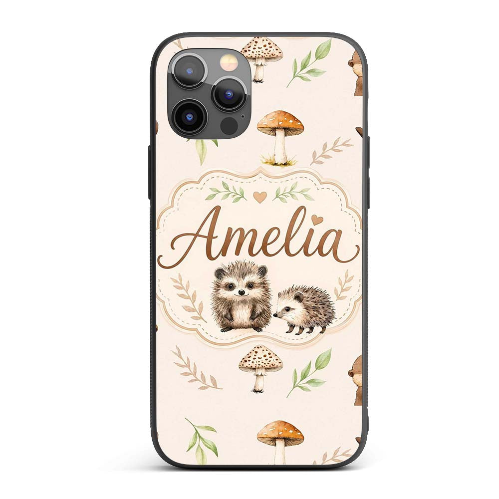 Woodland Hedgehogs with Mushrooms Leaves Warm Custom Name Protective Phone Case Mobile Cover Durable Everyday Smartphone Shock Resistant