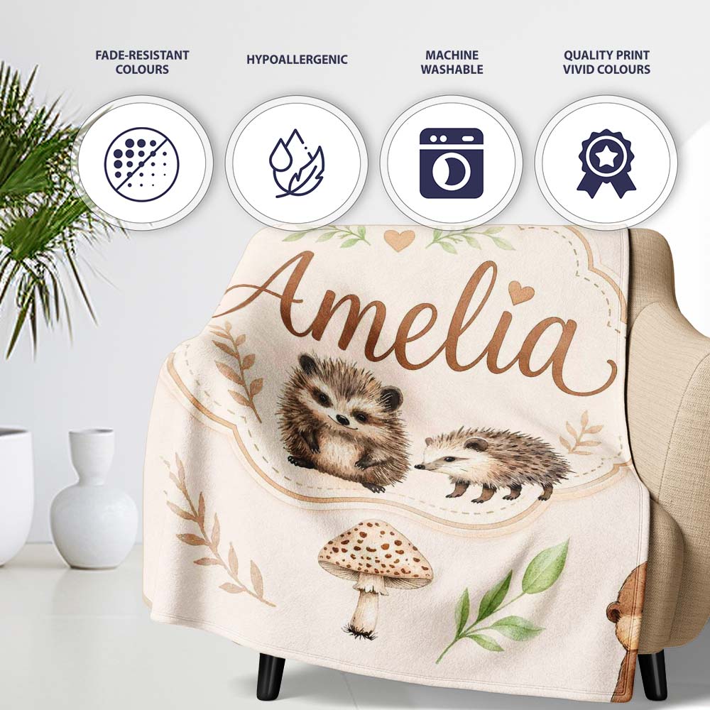 Woodland Hedgehogs with Mushrooms Leaves Warm Neutral Seamless  Personalised Custom Name Super Soft Fleece Blanket Bed Sofa Throw