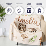 Woodland Hedgehogs with Mushrooms Leaves Warm Neutral Seamless  Personalised Custom Name Super Soft Fleece Blanket Bed Sofa Throw