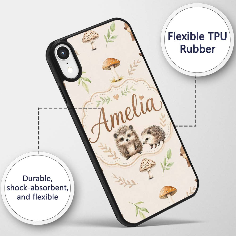 Woodland Hedgehogs with Mushrooms Leaves Warm Custom Name Protective Phone Case Mobile Cover Durable Everyday Smartphone Shock Resistant