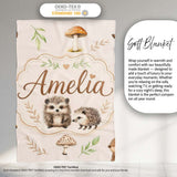 Woodland Hedgehogs with Mushrooms Leaves Warm Neutral Seamless  Personalised Custom Name Super Soft Fleece Blanket Bed Sofa Throw