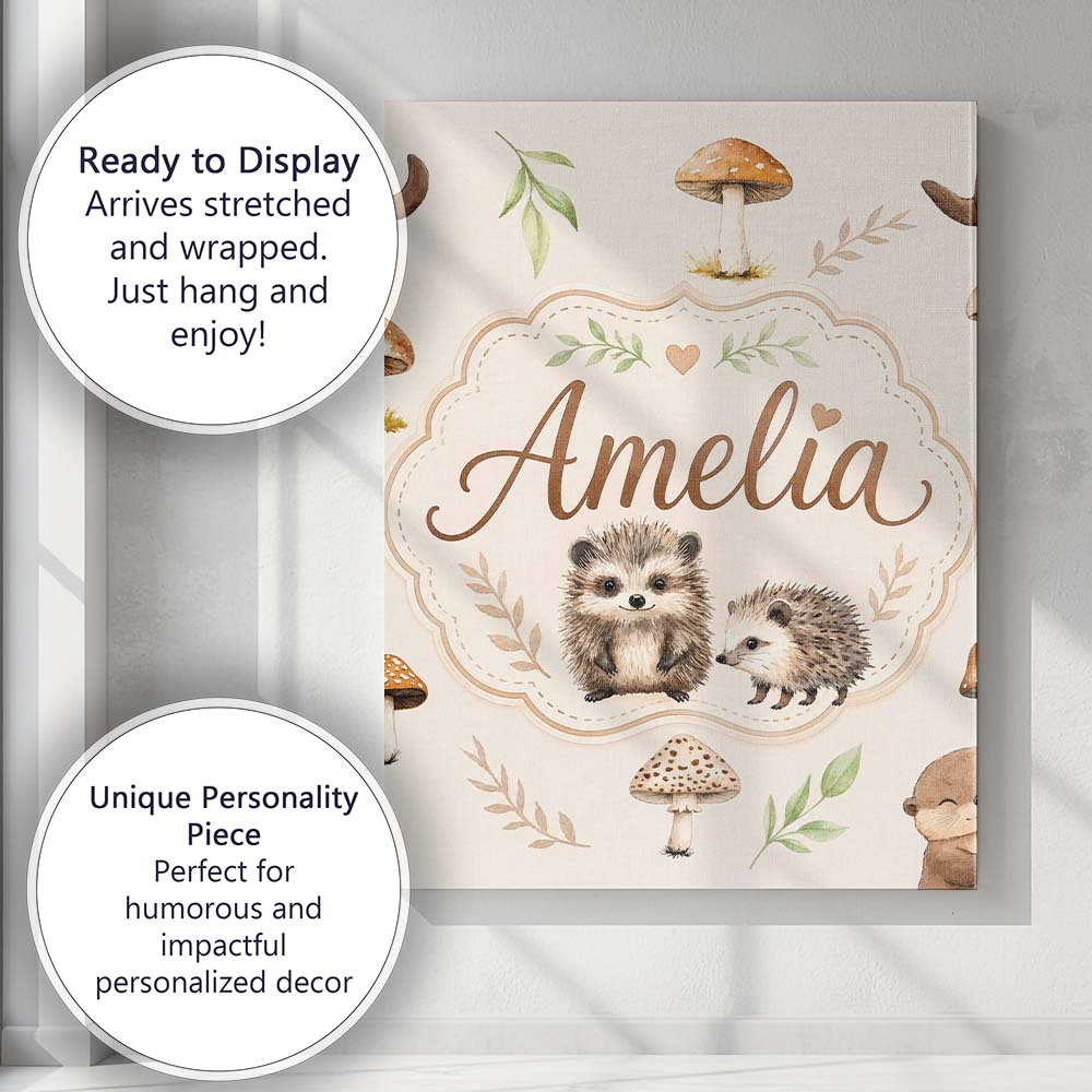 Personalised Name Woodland Hedgehogs with Custom  Unique Gift Idea Elegant Feature Canvas Wall Art Print Decor Picture Ready to Hang