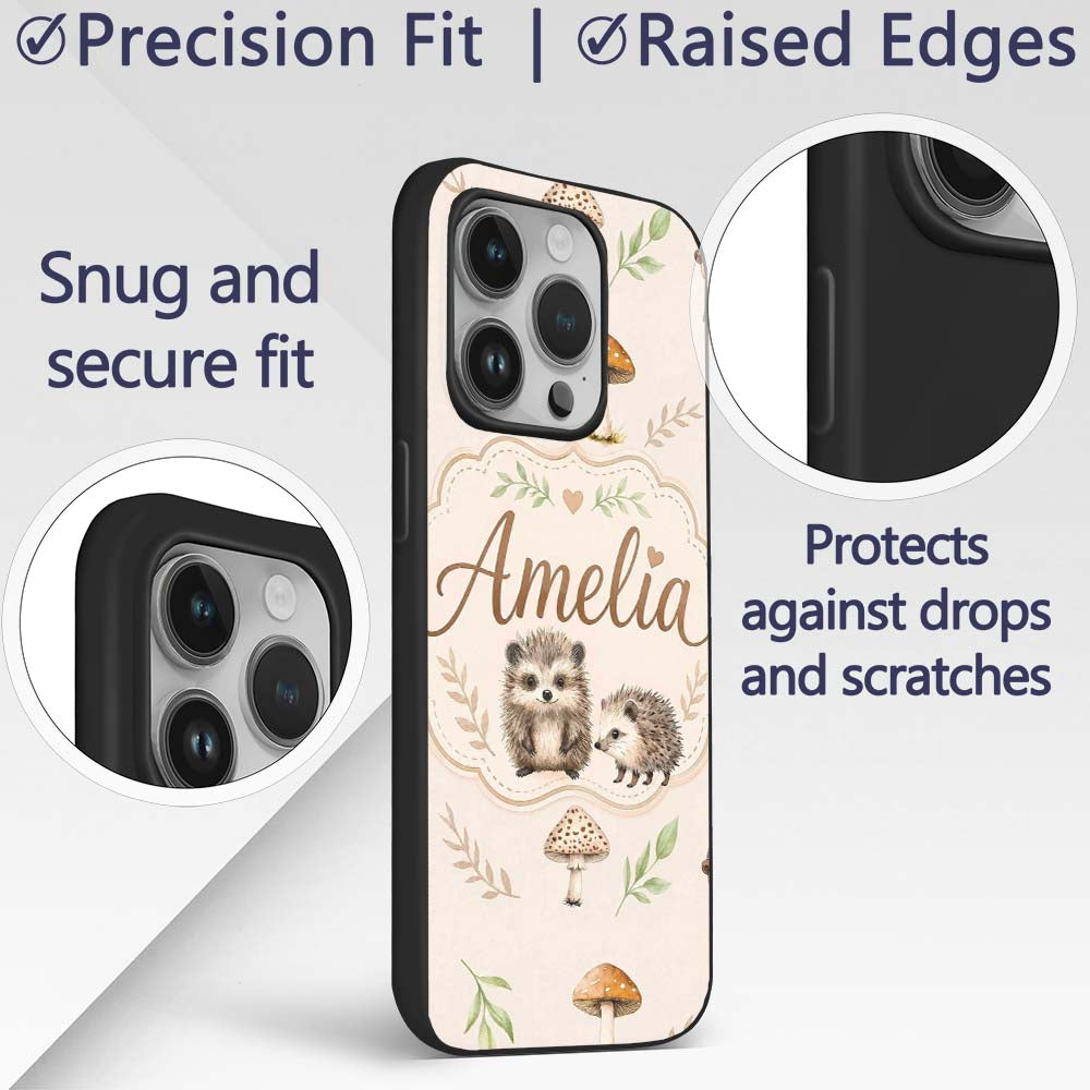 Woodland Hedgehogs with Mushrooms Leaves Warm Custom Name Protective Phone Case Mobile Cover Durable Everyday Smartphone Shock Resistant