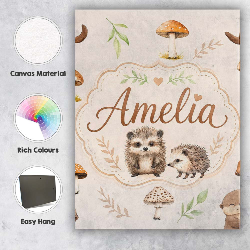 Personalised Name Woodland Hedgehogs with Custom  Unique Gift Idea Elegant Feature Canvas Wall Art Print Decor Picture Ready to Hang