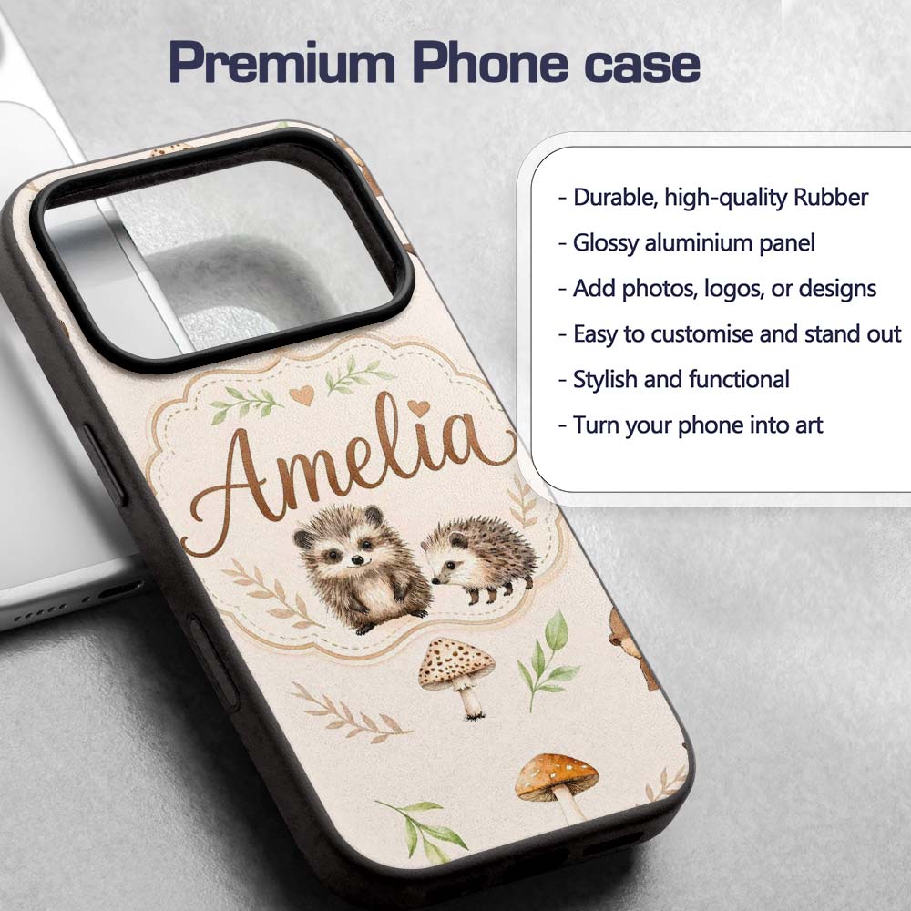 Woodland Hedgehogs with Mushrooms Leaves Warm Custom Name Protective Phone Case Mobile Cover Durable Everyday Smartphone Shock Resistant