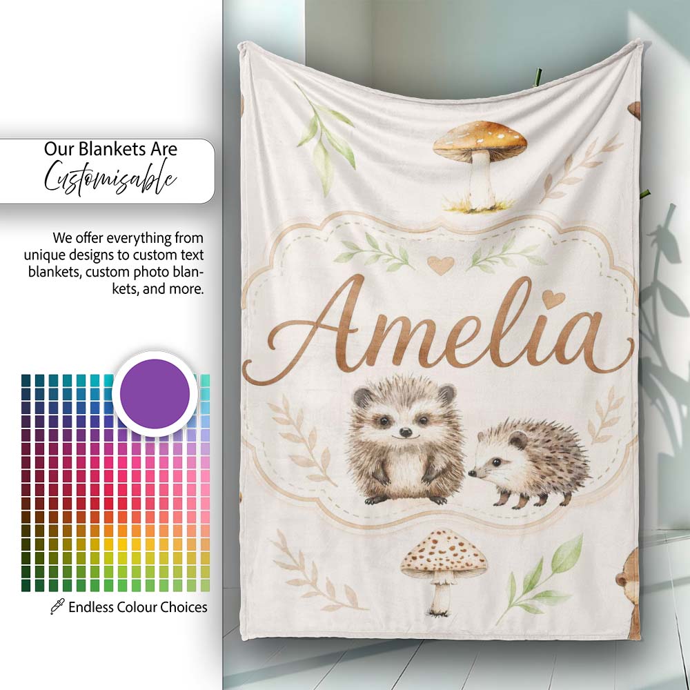 Woodland Hedgehogs with Mushrooms Leaves Warm Neutral Seamless  Personalised Custom Name Super Soft Fleece Blanket Bed Sofa Throw