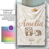 Woodland Hedgehogs with Mushrooms Leaves Warm Neutral Seamless  Personalised Custom Name Super Soft Fleece Blanket Bed Sofa Throw