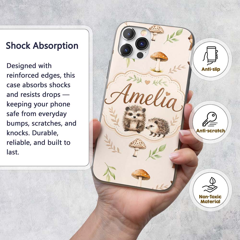 Woodland Hedgehogs with Mushrooms Leaves Warm Custom Name Protective Phone Case Mobile Cover Durable Everyday Smartphone Shock Resistant