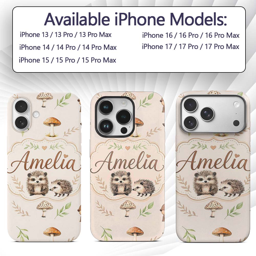 Woodland Hedgehogs with Mushrooms Leaves Warm Custom Name Protective Phone Case Mobile Cover Durable Everyday Smartphone Shock Resistant