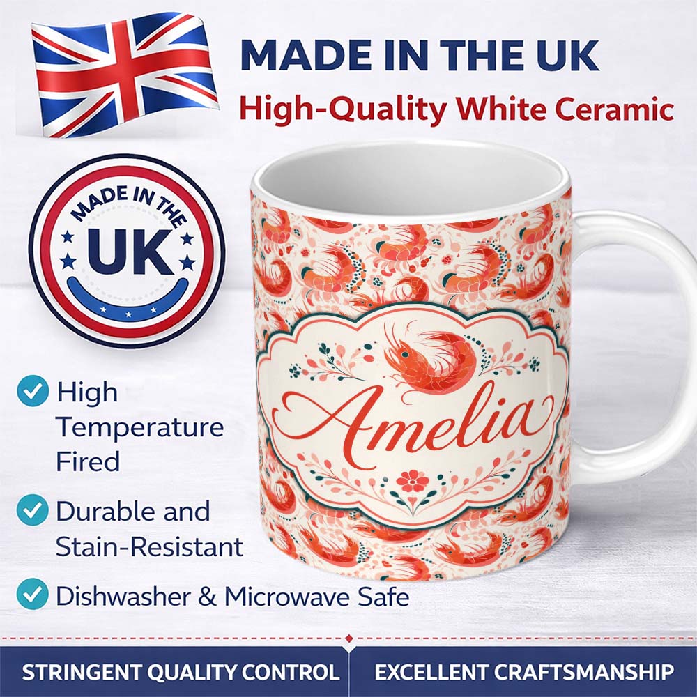 Personalized Custom Name Stylised Coral Shrimp with Floral Elements Seamless Pattern Lovely 11oz Ceramic Coffee Tea Mug White Large Handle