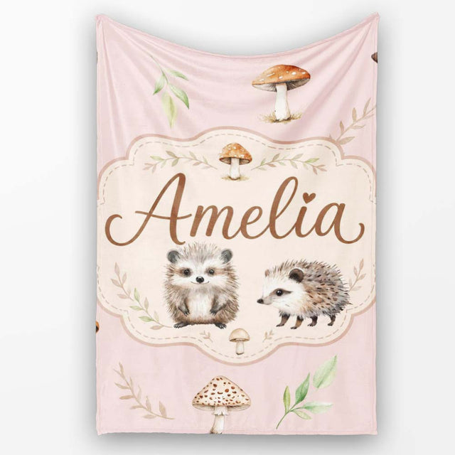 Woodland Hedgehogs with Mushrooms Leaves Soft Cream Seamless  Personalised Custom Name Super Soft Fleece Blanket Bed Sofa Throw