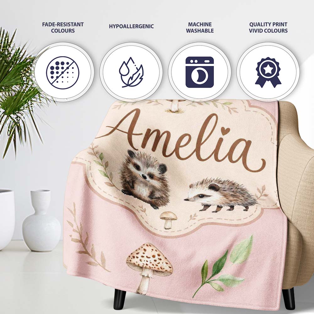 Woodland Hedgehogs with Mushrooms Leaves Soft Cream Seamless  Personalised Custom Name Super Soft Fleece Blanket Bed Sofa Throw