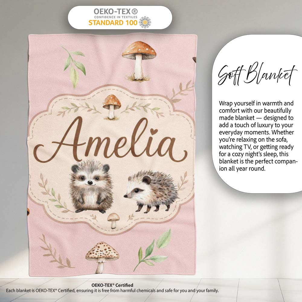 Woodland Hedgehogs with Mushrooms Leaves Soft Cream Seamless  Personalised Custom Name Super Soft Fleece Blanket Bed Sofa Throw