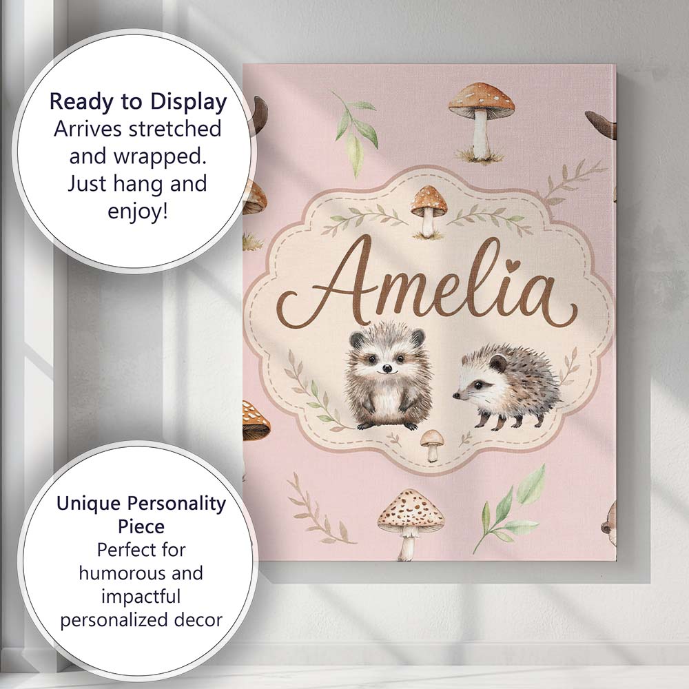 Personalised Name Woodland Hedgehogs with Custom  Unique Gift Idea Elegant Feature Canvas Wall Art Print Decor Picture Ready to Hang