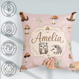Custom Name Woodland Hedgehogs with Mushrooms Leaves Soft Cream Square Filled Cushion Throw Pillow Sofa Bed Home Decor Zip Washable UK Made