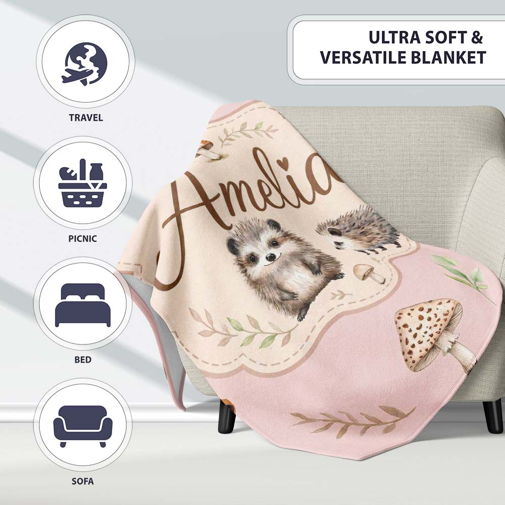 Woodland Hedgehogs with Mushrooms Leaves Soft Cream Seamless  Personalised Custom Name Super Soft Fleece Blanket Bed Sofa Throw