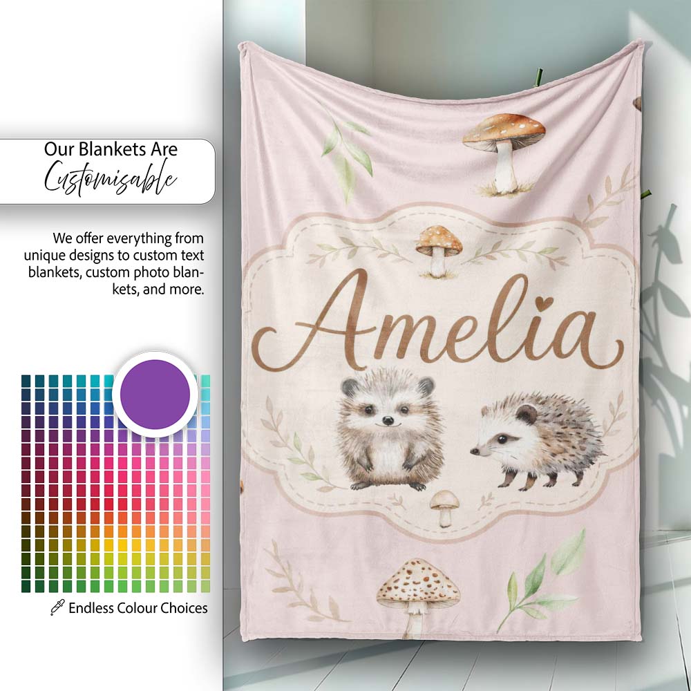 Woodland Hedgehogs with Mushrooms Leaves Soft Cream Seamless  Personalised Custom Name Super Soft Fleece Blanket Bed Sofa Throw