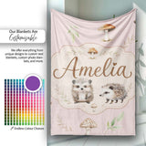 Woodland Hedgehogs with Mushrooms Leaves Soft Cream Seamless  Personalised Custom Name Super Soft Fleece Blanket Bed Sofa Throw