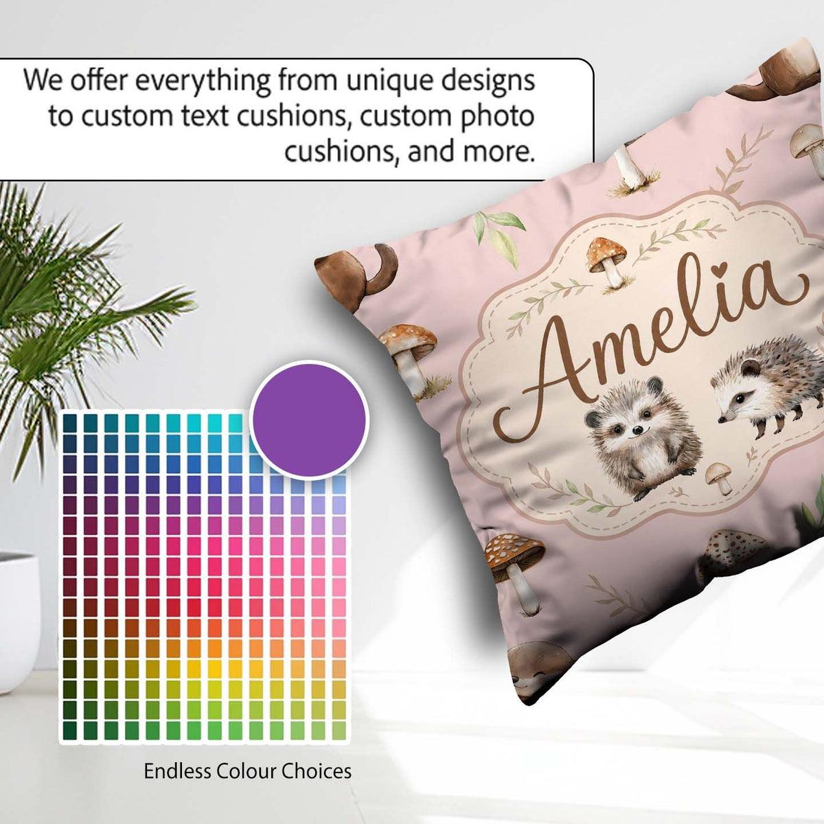 Custom Name Woodland Hedgehogs with Mushrooms Leaves Soft Cream Square Filled Cushion Throw Pillow Sofa Bed Home Decor Zip Washable UK Made