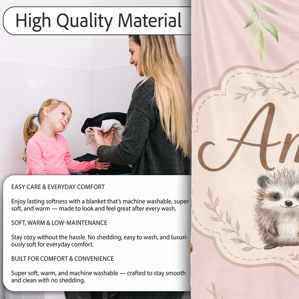 Woodland Hedgehogs with Mushrooms Leaves Soft Cream Seamless  Personalised Custom Name Super Soft Fleece Blanket Bed Sofa Throw