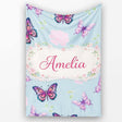 Pink Purple Butterfly Floral Blue Background Seamless Pattern Lovely  Personalised Custom Name Super Soft Fleece Blanket Bed Sofa Throw