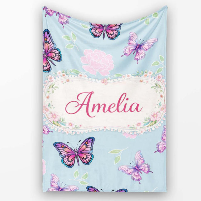 Pink Purple Butterfly Floral Blue Background Seamless Pattern Lovely  Personalised Custom Name Super Soft Fleece Blanket Bed Sofa Throw