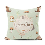 Custom Name Woodland Hedgehogs with Mushrooms Soft Sage Seamless Square Filled Cushion Throw Pillow Sofa Bed Home Decor Zip Washable UK Made