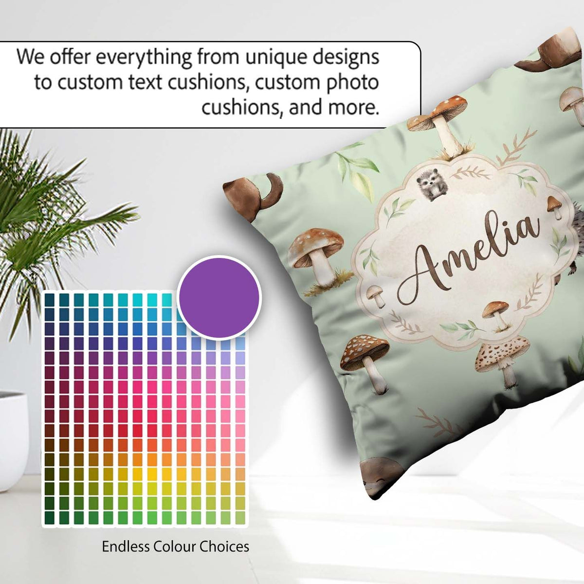 Custom Name Woodland Hedgehogs with Mushrooms Soft Sage Seamless Square Filled Cushion Throw Pillow Sofa Bed Home Decor Zip Washable UK Made